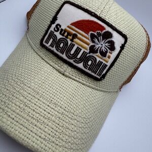 Surf Hawaii Straw Trucker Hat Red 1966 Brown Mesh Snapback Cap Retro Patch